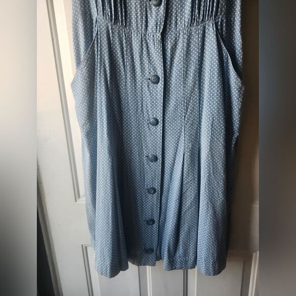 Vintage Blue Seersucker Polkadot 50s Midi Dress Button Front Pockets Collar - Picture 5 of 12